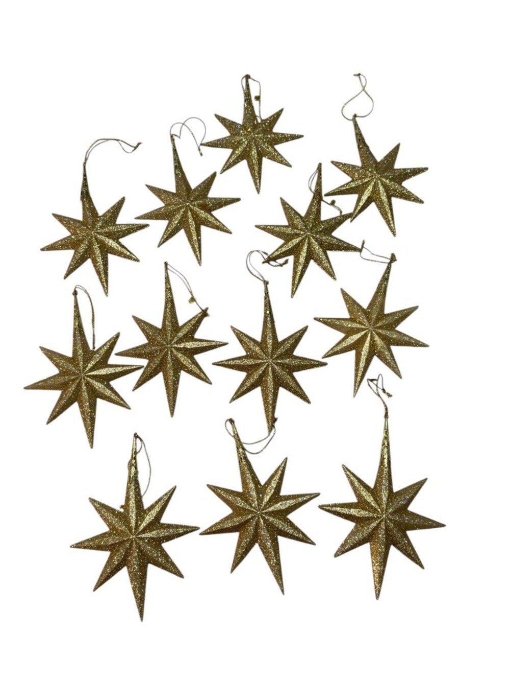 Vintage Taiwan Gold Glitter Atomic Starburst Christmas Ornaments Set of 12 6 Inc